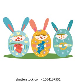 card Easter eggs rabbits isolated on white background