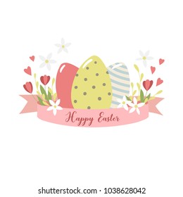 Card with Easter eggs, ribbon and flowers. Vector template.