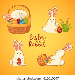 Card with Easter funny rabbits. Inscription - Easter rabbit. Four Easter bunny on a yellow background.