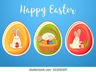 Card with Easter funny rabbits. Three Easter eggs with bunnies. Inscription - Happy Easter.