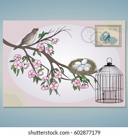 Card with Easter Rabbit mark, a bird on a blooming tree branch with flowers and leaves, a hatch with eggs and a cage, vintage aged postcard with ester bunny postmark, vector drawing, card print