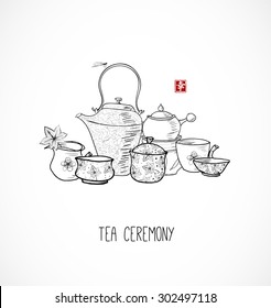 Card with eastern tea ceremony objects. Contains hieroglyphs "tea", "tea ceremony"