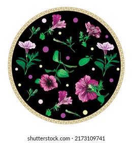Card with elements of petunia flowers and leaves isolated in a black circle with golden ornament on a white background. Green leaves, buds, lilac and pink flowers. Vector illustration. Vintage