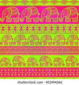 Card with Elephant. Frame of animal made in vector. Pattern Illustration for design, pattern, textiles. Hand drawn map with Elephant and mandala. Use for children clothes, pajamas