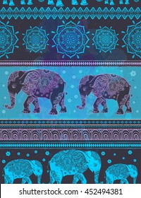Card with Elephant. Frame of animal made in vector. Pattern Illustration for design, pattern, textiles. Hand drawn map with Elephant and mandala. Use for children clothes, pajamas