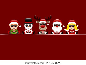 Card Elf Snowman Reindeer Santa Claus And Angel Sunglasses Dark Red