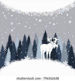 Card with elk on the forest background and snow. Winter vector background with place for inscription.