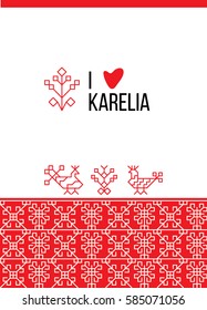 Card with embroidery of karelia with ethnic elements, vector illustration. Set of creative design elements for your design.