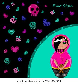 Card in emo style. Painted hands with a cute girl emo and colorful skulls and hearts.