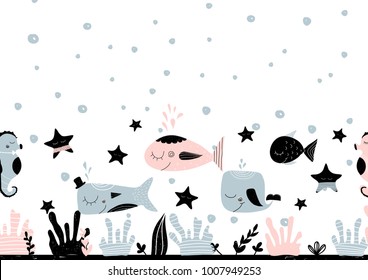 Card with empty space for lettering with underwater creatures, stars and sea bottom. Vector illustration in scandinavian style. Can be used as poster, banner, notebook, scrapbook paper