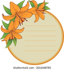 A card with an empty space for the text. A bouquet of orange lilies in a circle