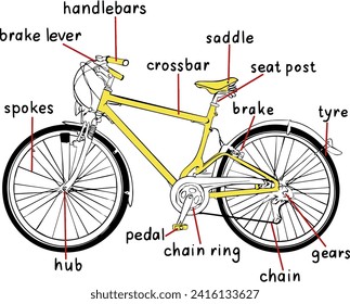 Una tarjeta de palabras inglesas trata el tema de la bicicleta. Ilustración vectorial. Aprendizaje en inglés.