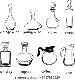 A card of English words topic decanters set. Vector illustration. English learning.