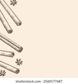 Card with engraved Cinnamon sticks for text. Background with bark brown spiced rolled cinnamons. Spicy seasoning, condiment aromatic ingredient for cooking, bakery. Design for label, logo, sign