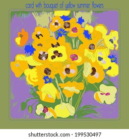 Card with eshsholtsiya in the rounded rectangle on a purple background. Handmade.