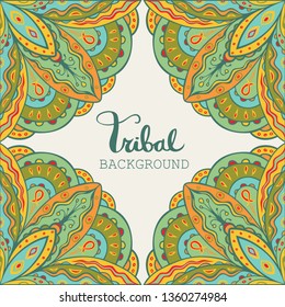 Card with ethnic Indian pattern. Background with border from tribal ornament. Copy space. Vector illustration.
