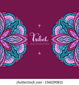 Card with ethnic Indian patterns. Background with half round tribal ornament. Copy space. Vector illustration.