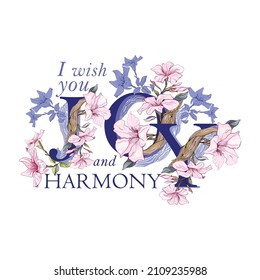 Card with exotic flowers and a wish for joy and harmony. Luxury trendy print for design on t-shirt, fabric, packaging, label, albums, wallpapers, notepads.