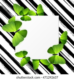Card with exotic tropical green butterflies, copy space and stripped pattern. Vector illustration.