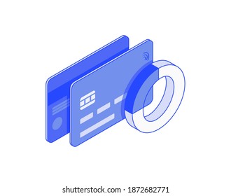 Сredit card expense chart, statistic. Debit or credit banking Card electronic money isometric illustrate 3d vector icon. Modern creative design illustration in flat line style.