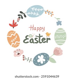 Card expresses the joy of Easter with decorated eggs nestled among flowers and leaves. Happy Easter are displayed in the center, surrounded by spring motifs, including butterflies and a little chick. 