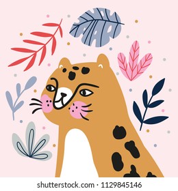 Card with face of the cute leopard. Funny cat portrait in the tropical leaves. Vector illustration for nursery poster design, kids print, avatar or greeting card.