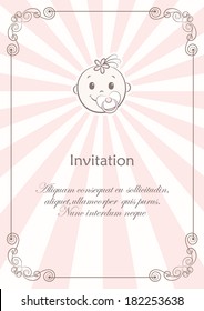 Card with face of smiling new born girl with baby's dummy and calligraphic frame on pink and beige rays. Vector background.