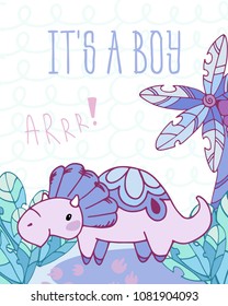 Card with fairytale dinosaur Triceratops and cartoon background. Fantasy trees and plants. Template greeting card