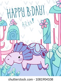 Card with fairytale dinosaur Triceratops and cartoon background. Fantasy trees and plants. Template greeting card