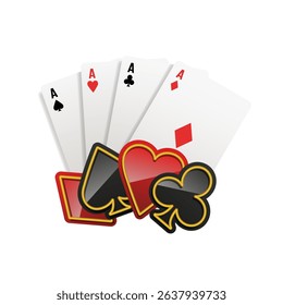 Card fan with 3D icons of card suits. Vector 3d illustration
