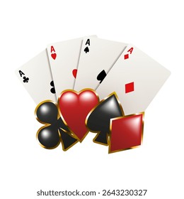 Card fan with 3D icons of card suits. Vector 3d illustration