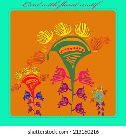 Card of fantastic plants with colored buds and leaves on an orange  rounded rectangle and pink text on an azure frame. 