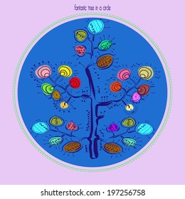 Card with fantastic tree on a blue background in a circle with text.