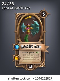 Card of fantasy battle axe weapon for game with interface elements. Vector illustration.