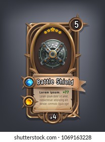Card of fantasy battle shield armor for game with interface elements. Vector illustration.