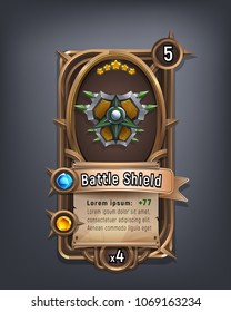 Card of fantasy battle shield armor for game with interface elements. Vector illustration.