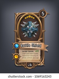 Card of fantasy battle shield armor for game with interface elements. Vector illustration.