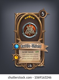Card of fantasy battle shield armor for game with interface elements. Vector illustration.