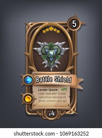 Card of fantasy battle shield armor for game with interface elements. Vector illustration.