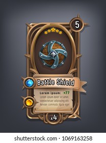 Card of fantasy battle shield armor for game with interface elements. Vector illustration.