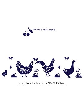 Card with farms animals  -  hen, goose, roster, with cherry and butterfly. Vector illustration