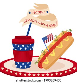 Card fast food American Independence Day flag and ribbon. Cup coffee to go and Hot dog and paper cup USA flags. Poster tape American patriotic independence festival. Isolated vector illustration