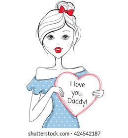  Card for father's day. Cute girl with heart. Beautiful illustration.