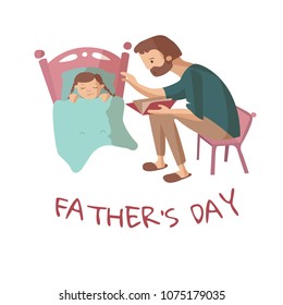 Card for fathers day with father who reads a book for daughter who is falling asleep at night. Vector cartoon illustration