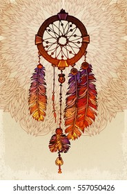 Card with feathers and beads on vintage background.