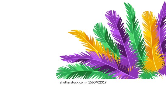 Card with feathers in Mardi Gras colors. Carnival background for traditional holiday or festival.