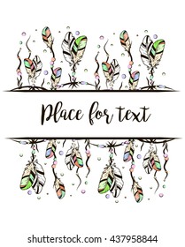 card from feathers on a white background in the style of boho-chic and space for text