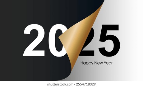 


The card features 2025 on a split black and white background with a golden curl partially covering the 0  Happy New Year is written below creating a bold elegant design






