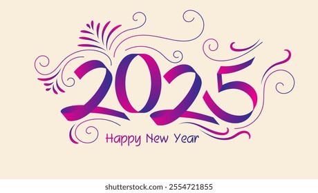 The card features  2025 in a purple to pink gradient handwritten font on a light beige background. Swirls and flourishes surround the numbers with Happy New Year  below






