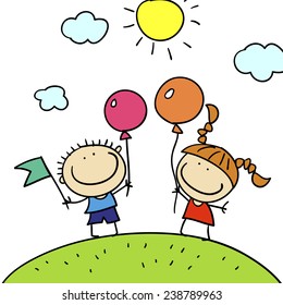 card featuring children with balloons